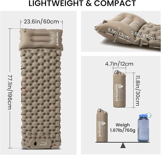 ONETIGRIS BLACKCRYSTAL Camping Sleeping Pad with Built-in Foot Pump Inflatable Sleeping Pad with Built-in Pillow Connectable Camping Air Mattress for Backpacking HikingTent Camping Lightweight