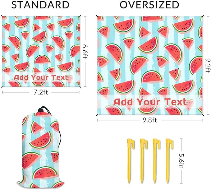Personalized Beach Blanket Waterproof Sandproof 86x78 Inches Custom Large Watermelon Beach Mat for 4-6 Adults Lightweight Picnic Blanket with 4 Corner Pockets for Outdoor Travel Camping Hiking