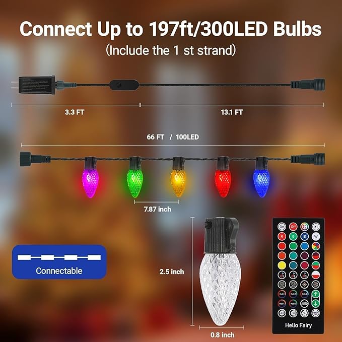 C9 Christmas Lights Outdoor 33FT 50 LED RGB Color Changing BulbsApp Bluetooth Music Sync DIY Scenes &amp Timers Connectable to 198FT IP44 Waterproof Roofline Eaves Porch Fence Decorations