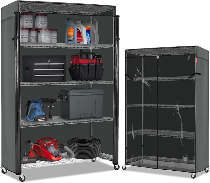 Porch Shield Storage Shelf Cover Fits 48 x 24 x 72 Wire Rack - Dustproof Shelving Unit Cover with Front Transparent(Grey)