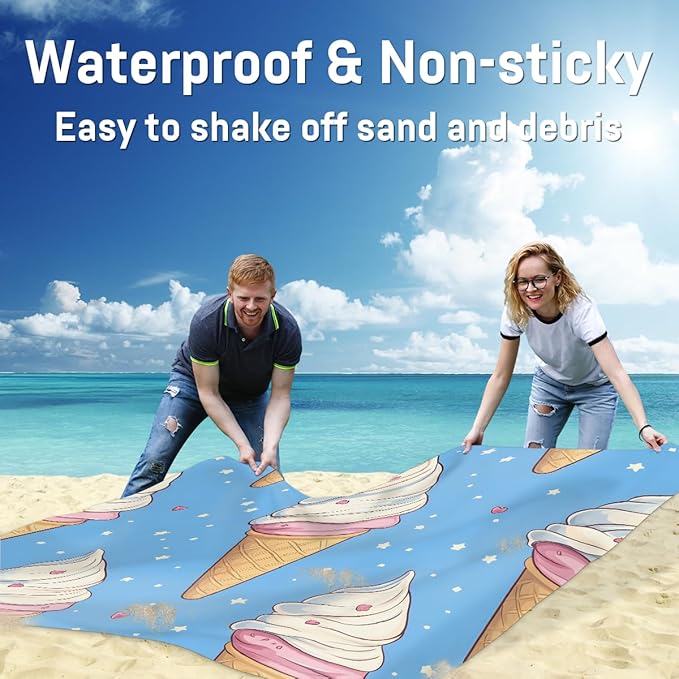Waterproof Sandproof Beach Blanket 59''×68'' Snowflake Ice Cream Polyester Outdoor Picnic Blanket with 4 Stakes &amp Storage Bag for BeachCampingVacation Blue