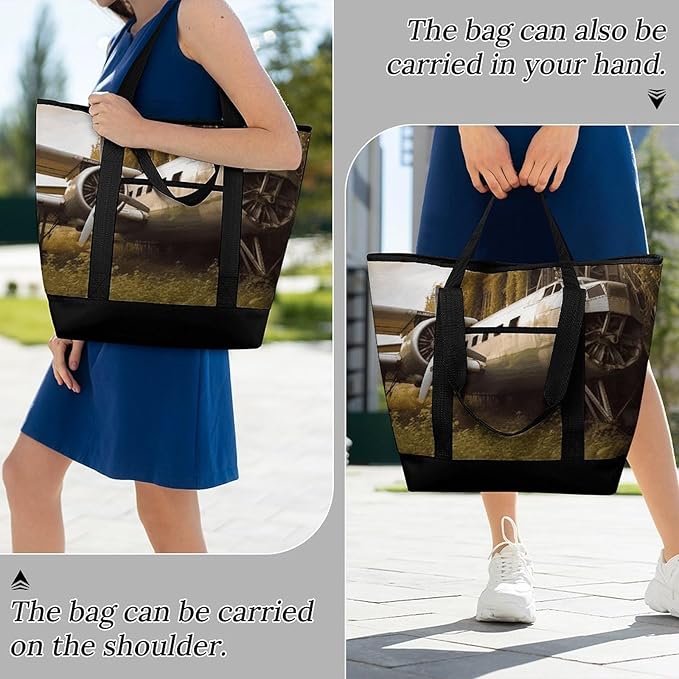 Insulated Shopping BagLarge Reusable Cooler Bags Abandoned Plane Printed Foldable Shopping BagTravel Waterproof Shoulder Bag