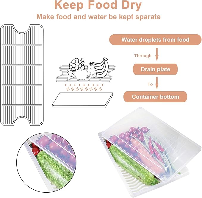 Food Storage Container Plastic Food Containers with Removable Drain Plate and Lid Stackable Portable Freezer Storage Containers - Tray to Keep Fruits Vegetables Meat and More (4Large)