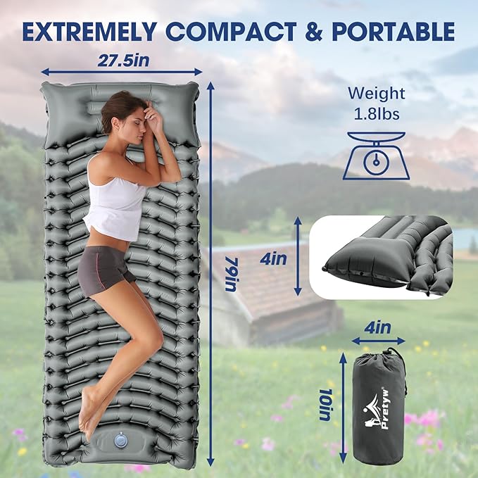 Sleeping Pad for Camping - Ultralight Camping Mattress with Pillow Built-in Foot Pump Compact Inflatable Portable Mat for Backpacking Hiking Car Traveling Beach Tent