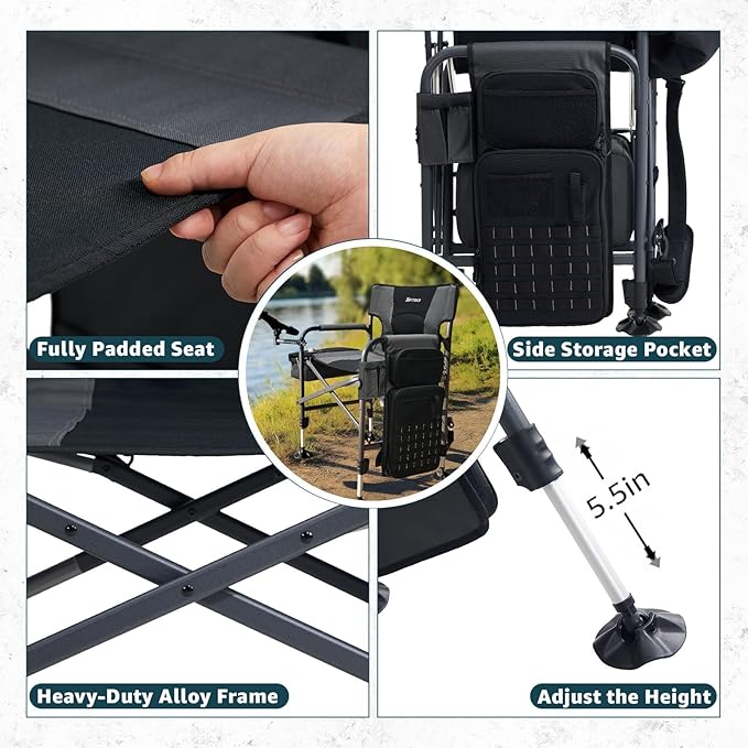 X Strike Fishing Chairs with Rod Holder Folding Ice Fishing Chair for Adults Outdoor Camping Chair Leg Adjustable with Cooler Bag and Storage Bag for Camp Lawn Patio Garden (Black)