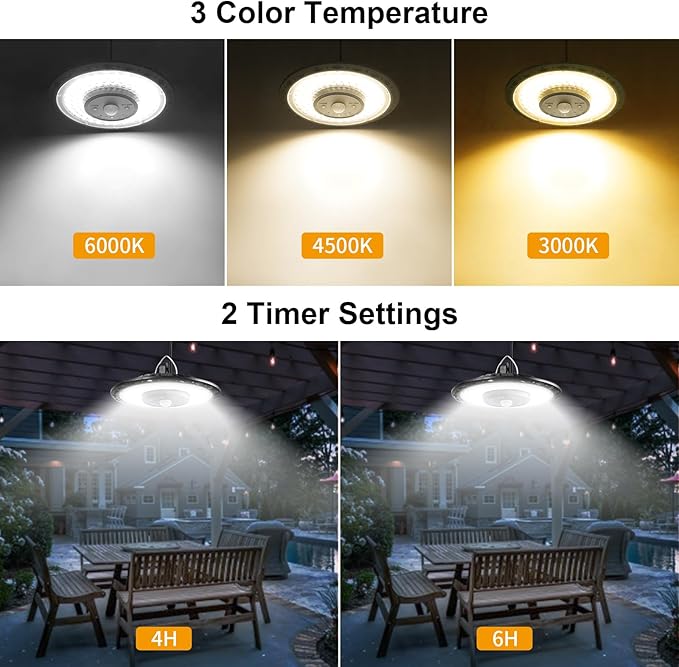 Auzev Shed Lights Solar Powered Indoor Outdoor 3000LM Pendant Light with Switch Remote Timer 3 CCT IP65 Waterproof for Barn Gazebo Garage Shop Interior Home Daytime Available