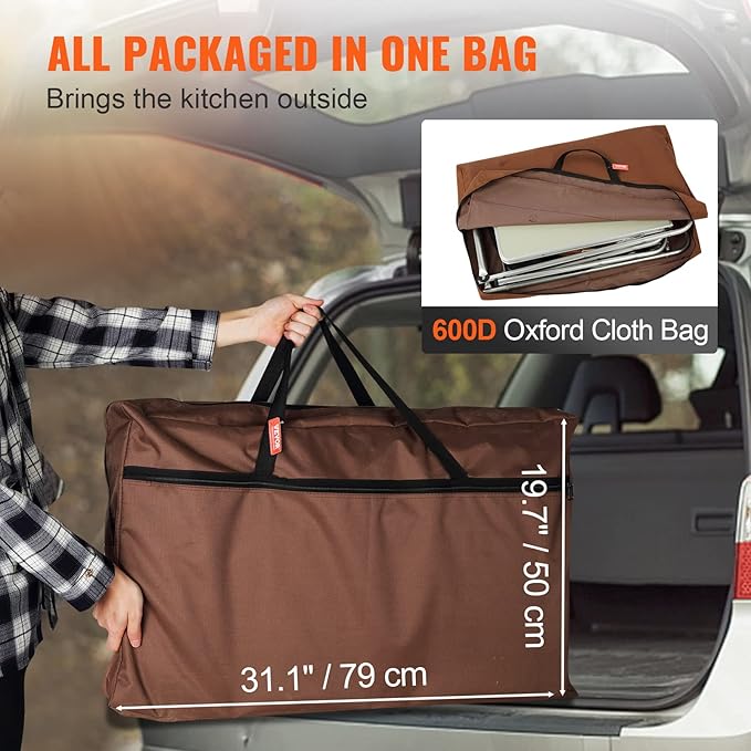VEVOR Camping Kitchen Table Folding Outdoor Cooking Table with Storage Carrying Bag Aluminum Cook Station 3 Cupboard &amp Detachable Windscreen Quick Set-up for Picnics BBQ RV Traveling Brown