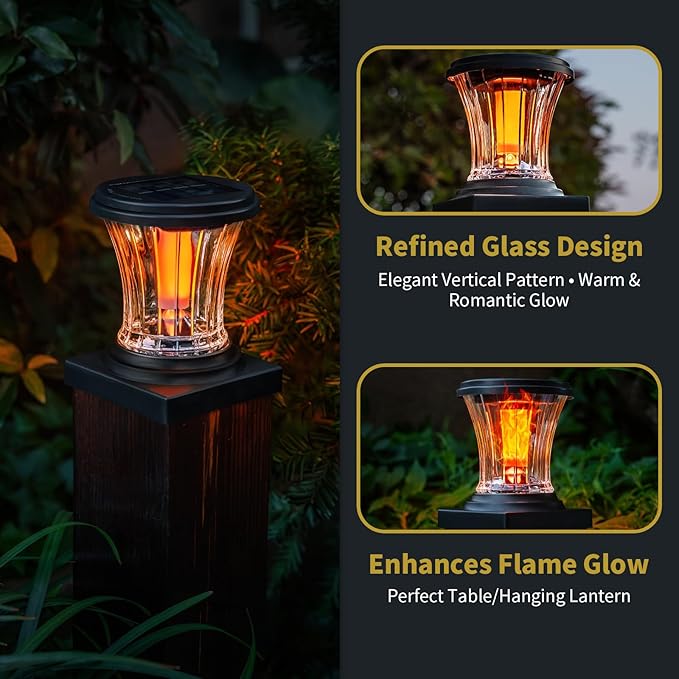 Glass Solar Flame Post Cap Lights Outdoor Waterproof Flickering Flame Solar Powered Fence Post Lights with Modular Design Auto On/Off for Deck Patio Garden 4x4 Vinyl/Wood Posts (2 Pack)