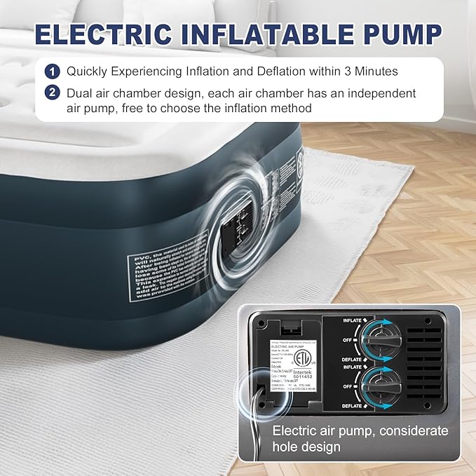 Air Mattress with Built in Pump Raised18in H Comfort Blow up MattressDouble Chamber Airbed2min Quick Inflation/Deflation Mattress for Home Guests Camping (FlockingGray &amp White Twin)