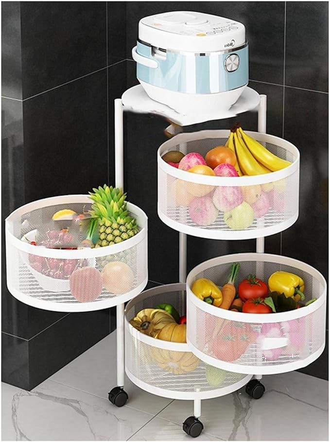 JITUIHOM Kitchen Rack Round Rotating Multi-Layer Kitchen Storage Rack Fruit and Vegetable Basket Floor-to-Ceiling(WhiteMedium)