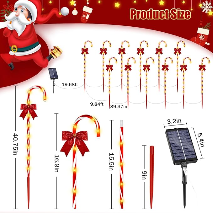 40in Christmas Solar Candy Cane Pathway Lights 12Pcs 120 LED Solar Outdoor Christmas Decorations with Red Bow Waterproof 8 Modes Timer Remote Walkway Garden Light for Xmas Yard Lawn Patio Decor