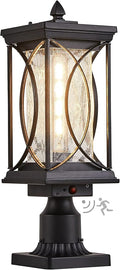 Motion Outdoor Post Lantern Dusk to Dawn Pillar Lamp with 3 Inch Pier Mount Adapter Black Pole Light Aluminum with Crackle Glass Motion Outdoor Post Lights for Patio Yard Garden Pathway