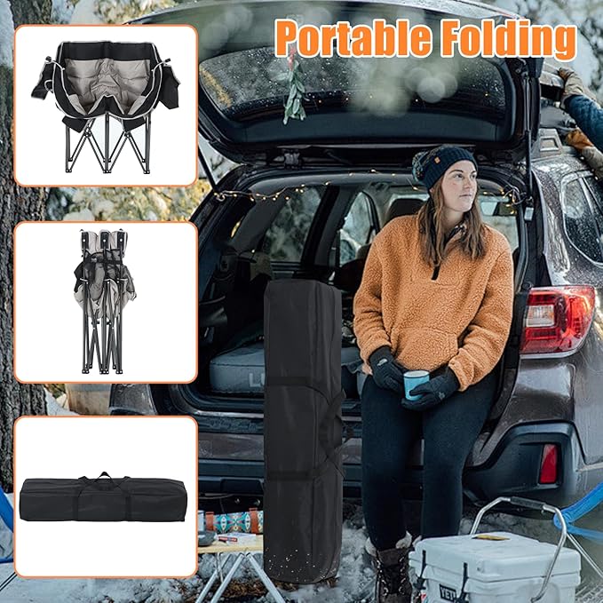 CDEN Heated Camping Chair with Battery Padded Chair Oversized Camping Loveseat Double Camping Chairs with Cup Holder Cooler Bag Wine Holder Dual Power Banks Included(Black &amp Gray)