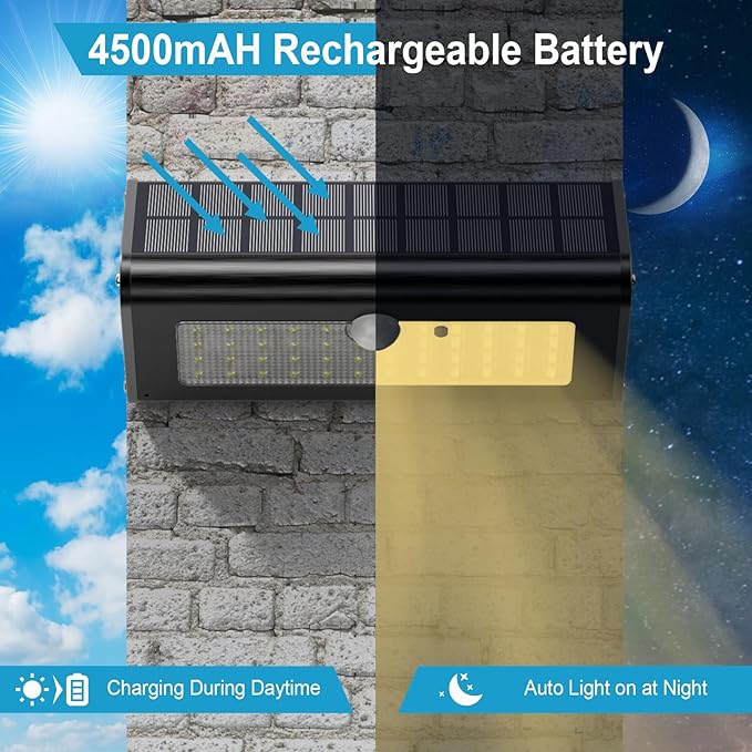 SECUROAD 1100 Lumens Solar Motion Sensor Lights Outdoor IP65 Waterproof 4500mAh Battery Black Aluminum Metal Security Flood Wall Lights 1 Pack Warm White