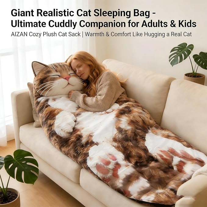 Fluffy Cat Sleeping Bag for Human Adults Soft Sleeping Bag Plush Animal Wearable Blanket Washable Adorable Cat Envelope Sleepings Bags for Camping Sleepovers &amp Home Lounging
