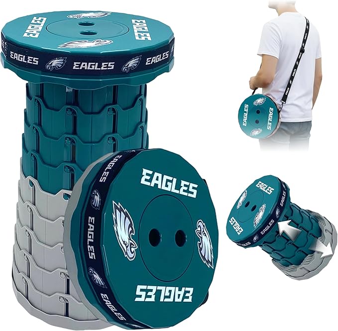 Sporticulture NFL Philadelphia Eagles Telescoping Collapsible Stool 500lbs Max Weight Portable Adjustable Height Folding Camping Stool with Carry Strap Retractable Stadium Have A Seat Outdoor Sports