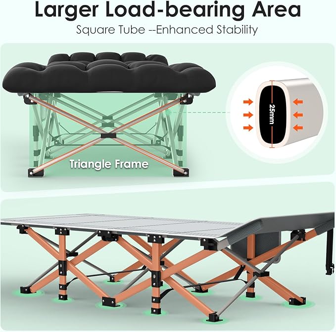 Suteck Camping Cot Folding Camping Cot Bed for Adults Sleeping 1200D Double Layer Oxford Portable Folding Outdoor Cots for Camping W/Soft Pad Carry Bag for Home Office Nap Beach Travel