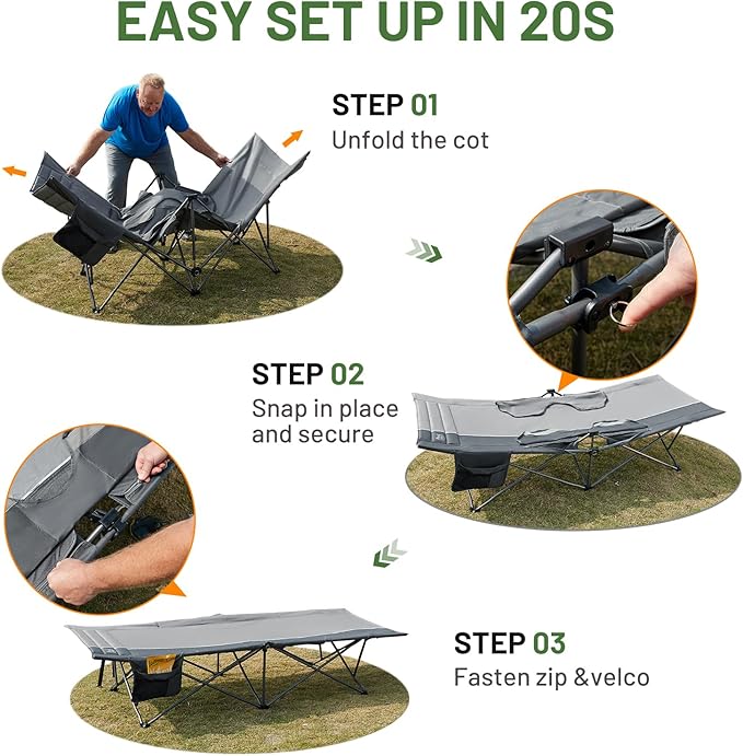 TIMBER RIDGE Extra Wide Heavy Duty Camping Cot for Adult Easy Set Up Oversized Sleeping Cot with Carry Bag for Camping Travel and Outdoors Support up to 450lbs Grey 2 Pack