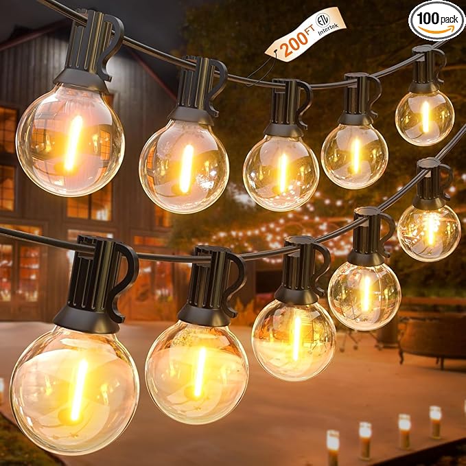 GLUROO 200FT(100FT*2PC) Outdoor String Lights G40 LED Patio Lights with 100+4 Bulbs Waterproof Shatterproof Dimmable Globe Hanging Outdoor Patio Lights Cafe Bistro Outside Lights for Patio