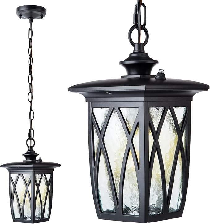 JYZ Dusk to Dawn Outdoor Pendant Lantern 12 Inch Craftsman Style Exterior Hanging Light with Water Ripple Glass Traditional Outdoor Chandelier for Front Porch Patio Garden Gazebo Pergola