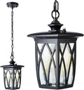 JYZ Dusk to Dawn Outdoor Pendant Lantern 12 Inch Craftsman Style Exterior Hanging Light with Water Ripple Glass Traditional Outdoor Chandelier for Front Porch Patio Garden Gazebo Pergola