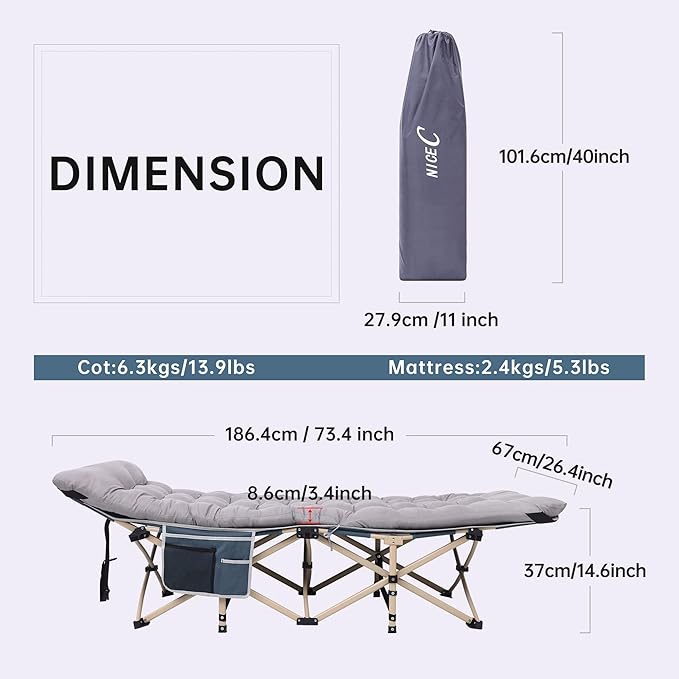Nice C Heated Cot with Battery Heated Camping Cots with Cushion Folding Cots with Mattress for Adults with Pillow Carry Bag &amp Storage Pocket Extra Wide Sturdy Up to 500 Lbs (2 Pack Grey)