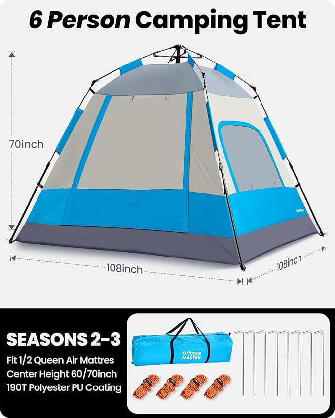 OutdoorMaster Updated Camping Tents 4/6 Person Camping Tent with Blackout Shelter Technology Easy Setup in 60 Seconds Weatherproof Pop Up Tent with Top Rainfly Instant Cabin Tent