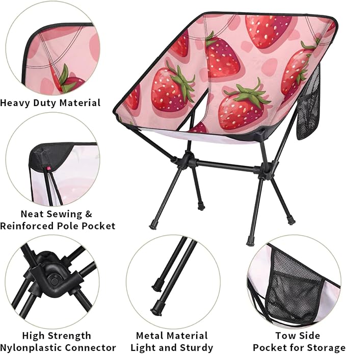 Honeybaby Folding Camping Chair Strawberries Print Camping Chairs Lightweight Portable Chair Outdoor Foldable Chairs for Camping Travel Picnic Beach Hiking