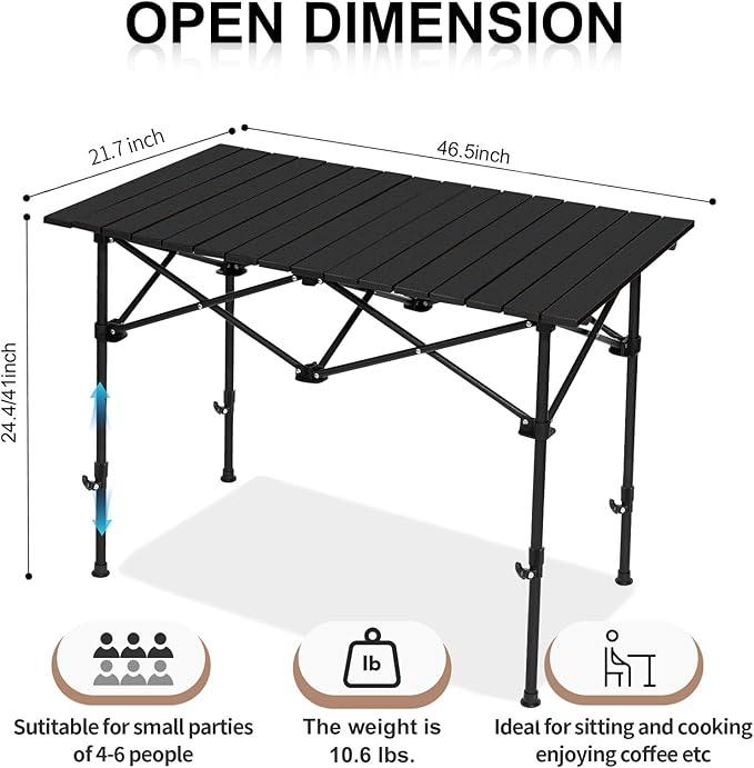 Camping Table Roll up Table4-6 Person Portable Adjustable Height Roll up Aluminum Table with Carry Bag