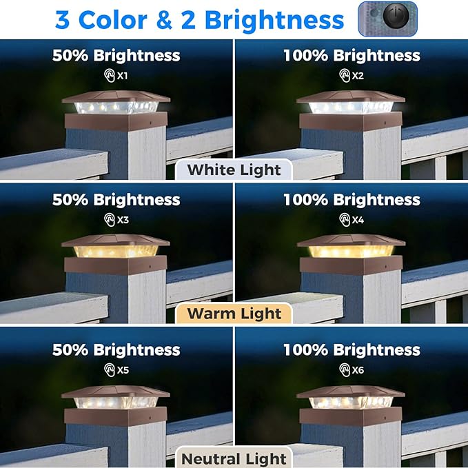 Peasur 4x4 Solar Post Cap Lights Outdoor with 3 Modes 20 Packs Brown Fence Deck Light Solar Powered Waterproof Wood/Vinyl Posts Top Lights for Yard Garden Patio Porch Railing Outside