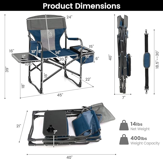 Tangkula Camping Chairs Folding Camp Chair with Side Table Cooler Bag Portable Outside Padded Lawn Chair for Travel Picnic Fishing Heavy Duty Oversized Director Chair for Adults Supports 400lbs