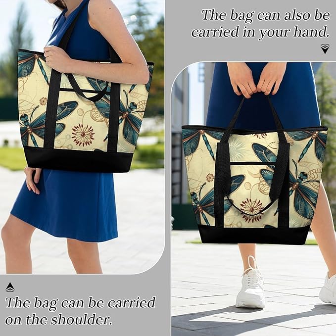 Insulated Shopping BagLarge Reusable Cooler Bags Dragonfly Printed Foldable Shopping BagTravel Waterproof Shoulder Bag