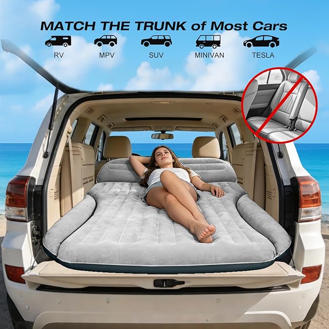 SUV Air Mattress Double-Sided Thick Flocked Car Air Mattress with Built-in Pump &amp Pillow Complete Sleeping Accessories for Auto Camping &amp Road Trips（Light Grey）