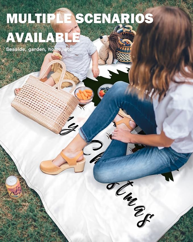 Beach Blanket Waterproof Sandproof OversizedMerry Christmas Trees Black Checker Beach Mat with Corner Stakes Sand PocketsWinter Tree Shadow on White Outdoor Picnic Mat for Travel Camping 83x79In