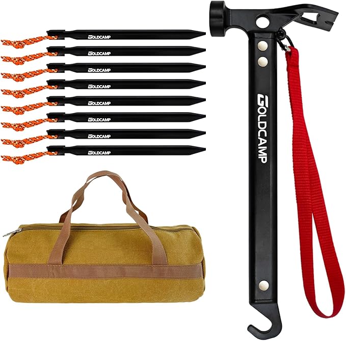 8 Pack Tent Stakes and Hammer with Canvas Storage Bag Heavy Duty Camping Stakes for Outdoor Tent &amp tarp-Essential Accessories Carbon Steel Aluminum Camping Hammer for Hiking Kit