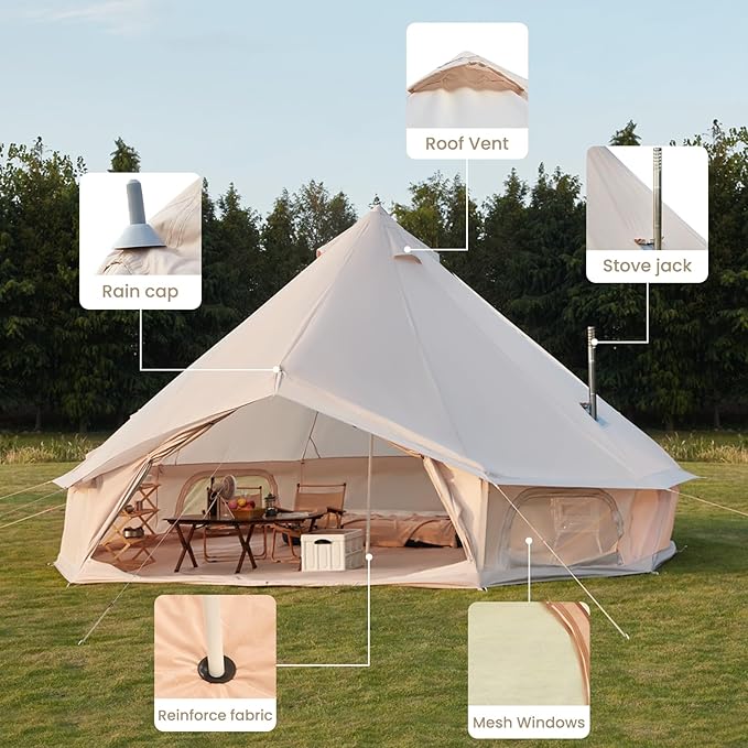 YOLENY Bell Tent Yurt Tent 4/6/8/10 Person 4 Season Waterproof Glamping Tents w/Stove Jack for Family Camping Outdoor Party Glamping Tents for Camping - 10/13.1/16.4FT