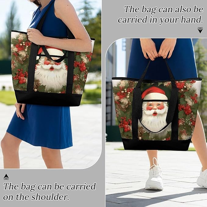 Insulated Shopping BagLarge Reusable Cooler Bags Christmas Holiday Santa Claus Wreath Printed Foldable Shopping BagTravel Waterproof Shoulder Bag