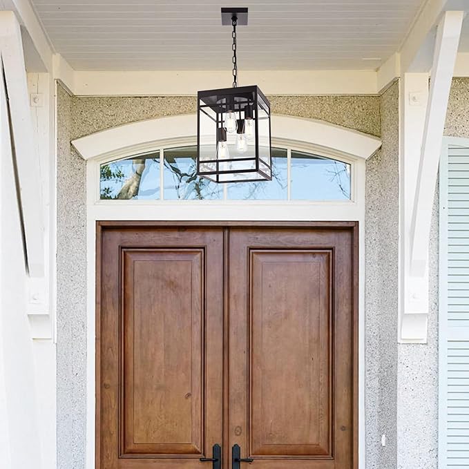 4-Light Outdoor Pendant Lights for Porch Oil Rubbed Bronze Outdoor Chandelier 15.7'' Exterior Hanging Porch Light Fixtures w/Clear Glass Waterproof Outside Pendant Lantern for Garage Foyer