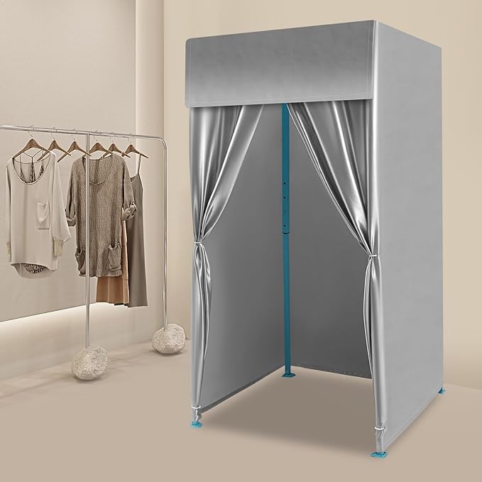 Heavy-Duty Portable Folding Fitting Room with Blackout Curtains - Large Changing Room for 3-4 People Freestanding Privacy Tent for Events Retail Stores &amp Outdoor Use Silver Gray