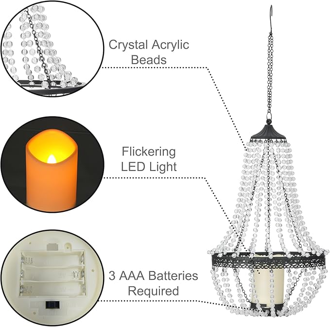 Hanging Candle Lantern Outdoor 27” Battery Operated Modern Clear Acrylic Crystal Chandeliers with Flickering Yellow Led Candle Light S Hooks for Garden Backyard Gazebo Room Indoor Indoor Decor