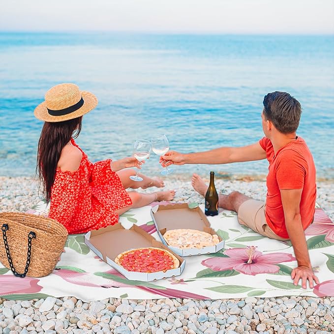 Waterproof Sandproof Beach Blanket 59''×68'' Pink-Hummingbird Polyester Outdoor Picnic Blanket with 4 Stakes &amp Storage Bag for BeachCampingVacation Pink