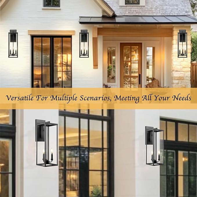 Bestshared Large Outdoor Wall Sconce 24'' Modern Black Outdoor Wall Lantern 3-Light Clear Glass Porch Light Weather Resistant Outside Light for House Entryway Garage Patio E12 Base(2Pack)