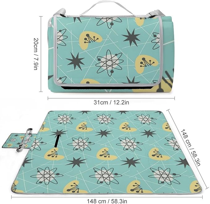 Modern Atomic Stars Retro Colors Stock Illustration Waterproof Outdoor Picnic Blanket Sandproof Beach Mat for Camping Hiking Grass Travelling