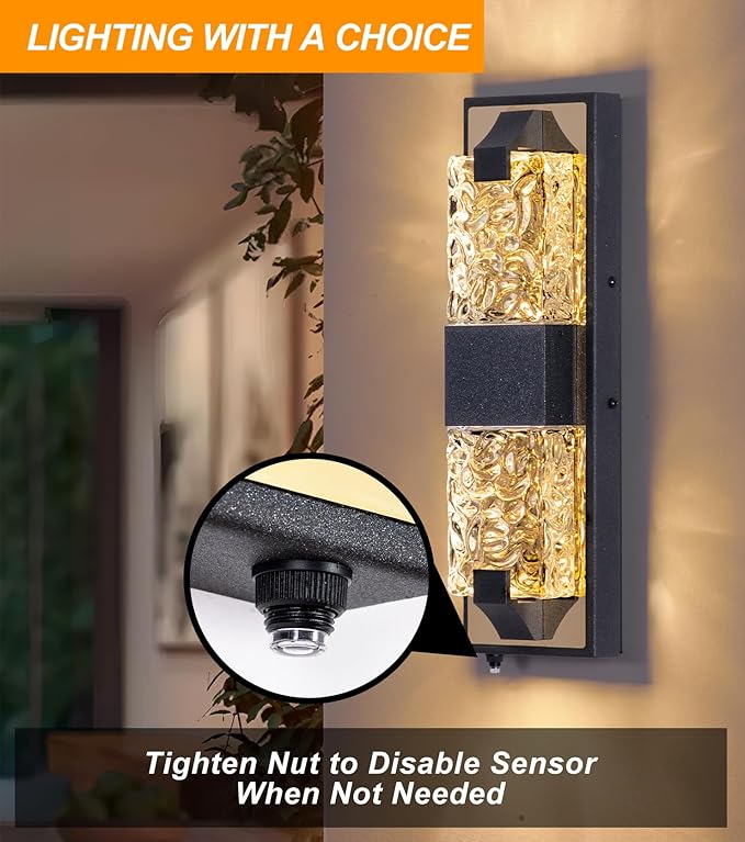 HITTO Porch Lights Outdoor Dusk to Dawn Outdoor Lighting 15.6'' Outdoor Wall Sconce IP65 Waterproof LED Exterior Lamp Ripple Crystal Glass Black&ampGold Modern Porch Light for House Front Door 2
