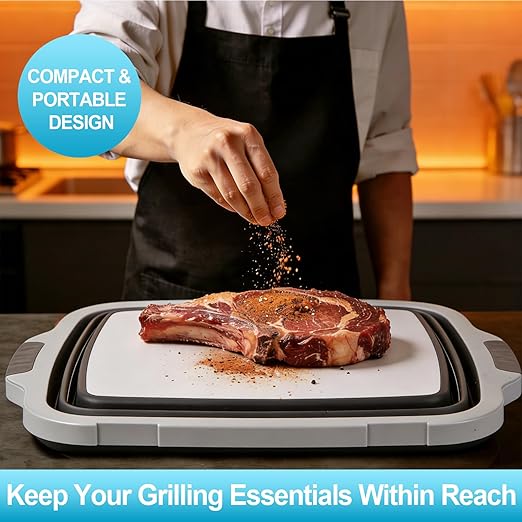Collapsible Large BBQ Prep Tub &amp BBQ Resting Bag Foldable Cutting Board with Lid BPA Free Silicone Dish Bowl Leak Free Drain Hole for Meal Prep Marinating Food Storage(Black)