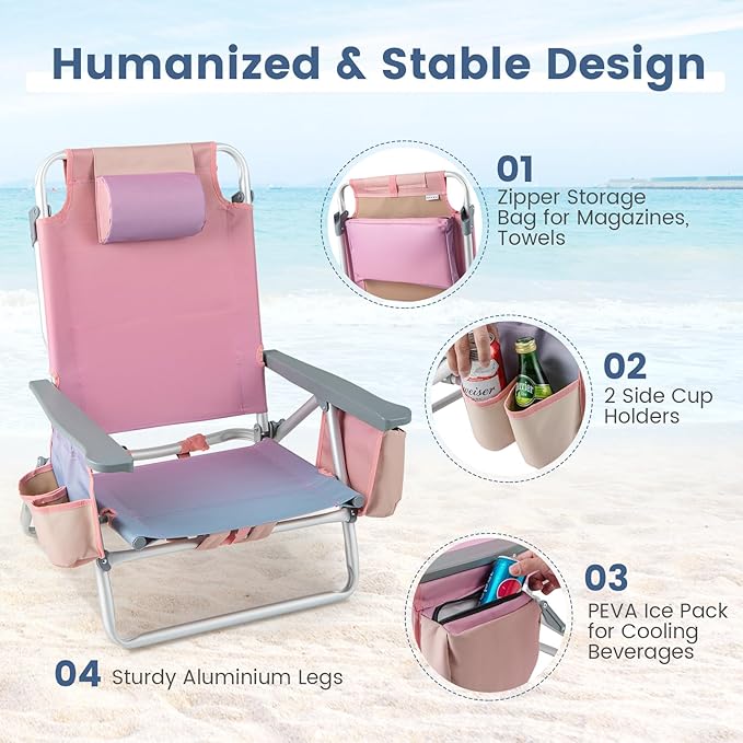 Backpack Beach Chair 5 Position Adjustable Camping Chairs with Head Pillow Cooler Bag Towel Bar Cup Holders Portable 2-Pack Folding Beach Chairs for Adults (Without Table Gradient Pink)