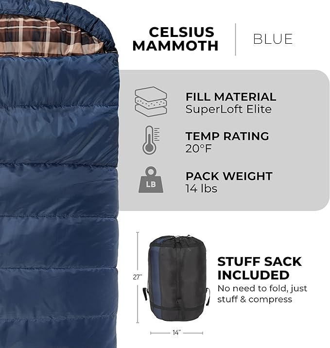 Teton Mammoth Queen Size Double Sleeping Bag- A Warm Bag The Whole Family can Enjoy – Great for Camping Hunting and Base Camp. Compression Sack Included