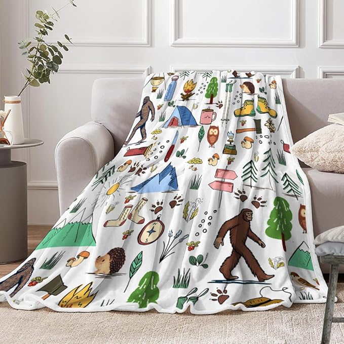 Bigfoot Camping Blanket Outdoor Camper Theme Froest Animal Mountain Bear Big Foot Plush Throw Blanket Soft Fuzzy Flannel Blanket for Bed Couch Sofa Decor Blankets RV Camping Bigfoot Blankets Gifts