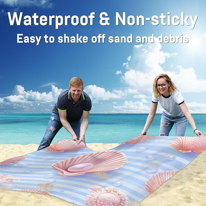 Waterproof Sandproof Beach Blanket 59''×68'' Pink Scallop Decoration Polyester Outdoor Picnic Blanket with 4 Stakes &amp Storage Bag for BeachCampingVacation