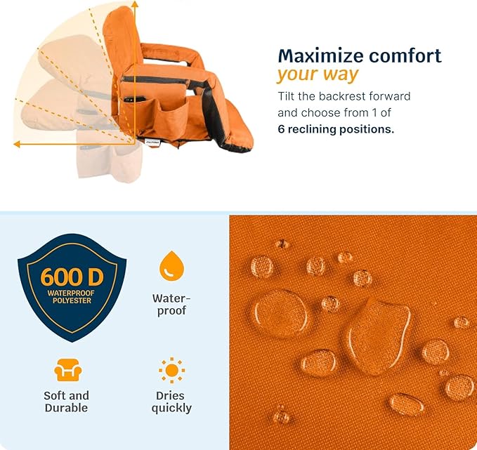 Alpcour Heated Reclining Stadium Seat for Bleachers – Wide Bleacher Chair with Back Support and Cushion Armrests Side Pockets &amp Hook – Stadium Seats Chairs for Camping Kayak Paddle Board &amp